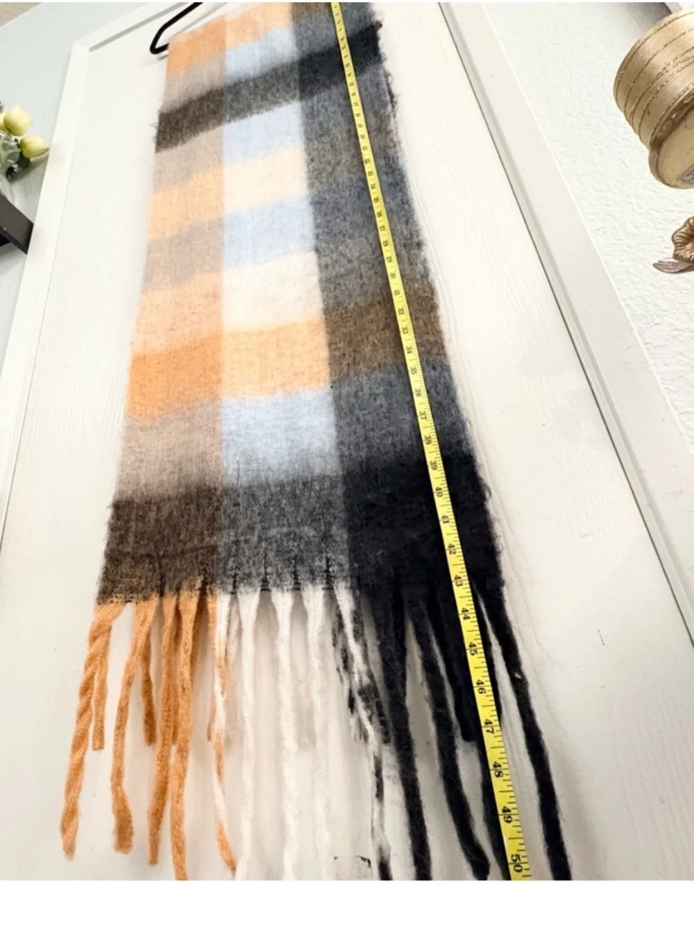 ERICA SHAMROCK Oversized Cozy Plaid Fringe Scarf in Blue, Orange & Gray